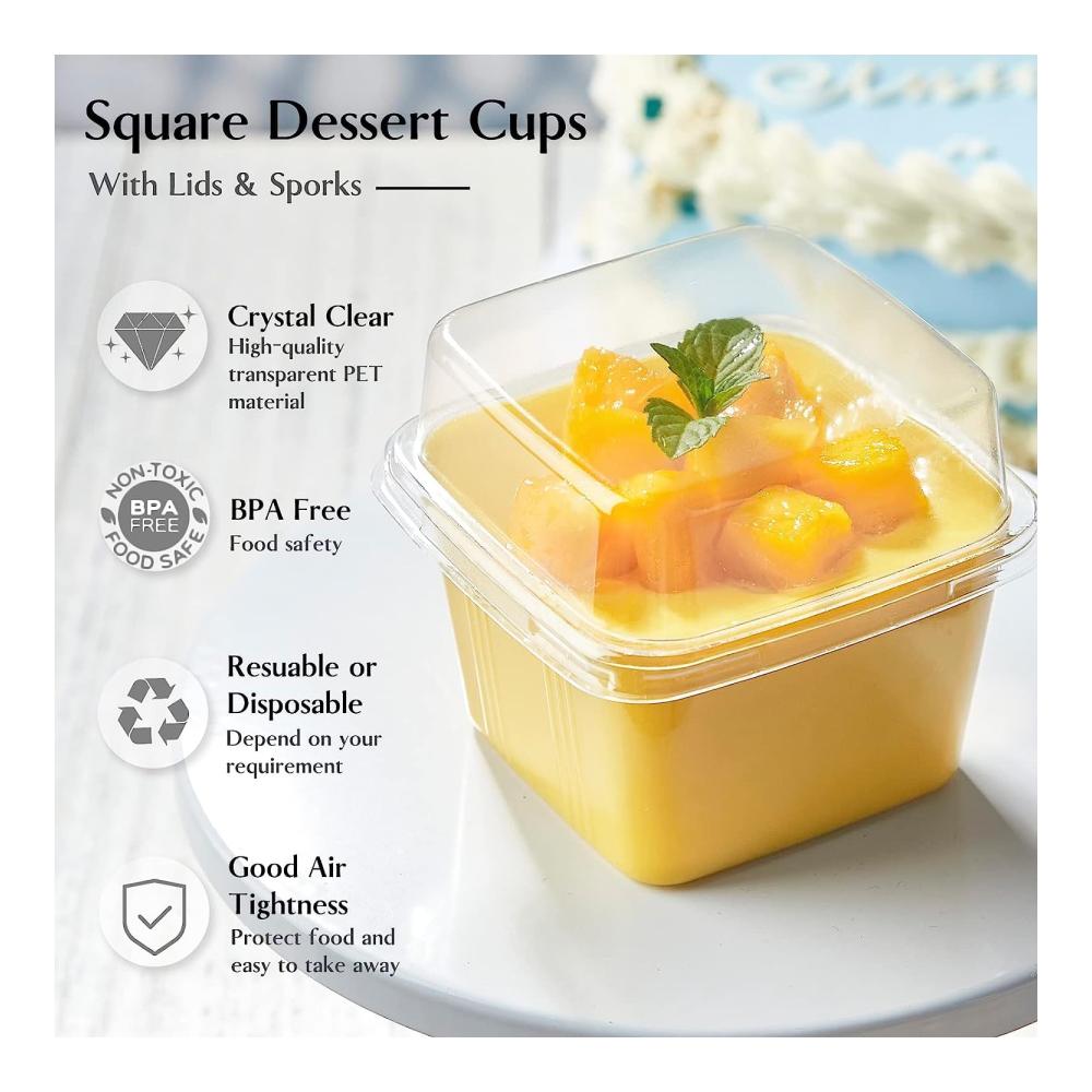 50 Stück Wiederverwendbare Dessertschalen & Schüsseln - Eckige Plastikbecher mit Deckel (240ml) inkl. Löffeln. Perfekt für Parfait Pudding & Mousse. Elegant servieren und genießen