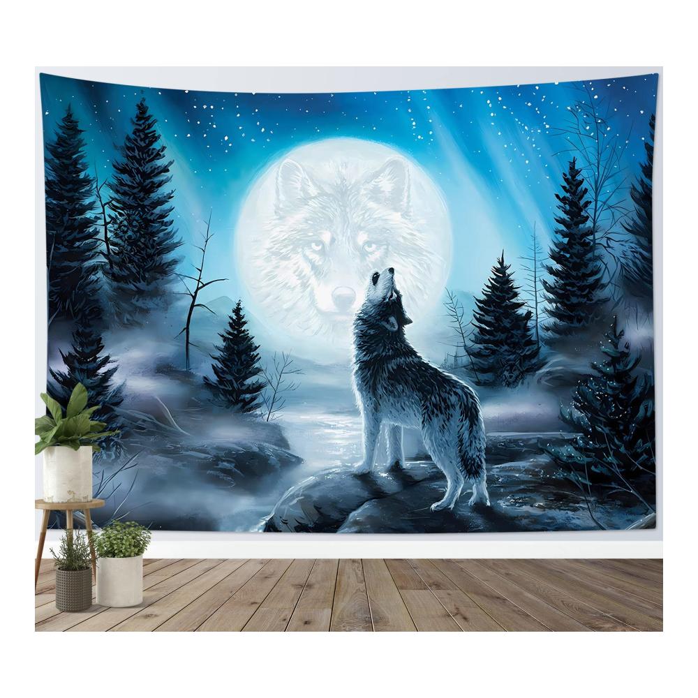 Entdecken Sie die Magie der Natur mit unserem Wandteppich Mondlicht im Wald - Mystischer Wolf im Bergwald handgefertigte Tapisserie für Wohnzimmer und Schlafzimmer - 150x100cm
