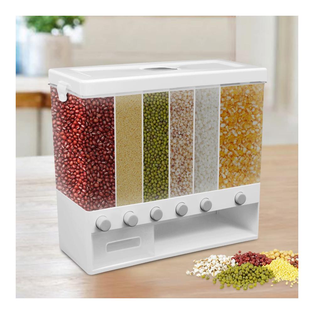 Praktischer Müslispender für die Wandmontage | 6 Gitter | Vorratsdosen für Getreide Nüsse und mehr | 10 kg Fassungsvermögen | Müslispender und Reisespender in einem | Ideal für die Küche