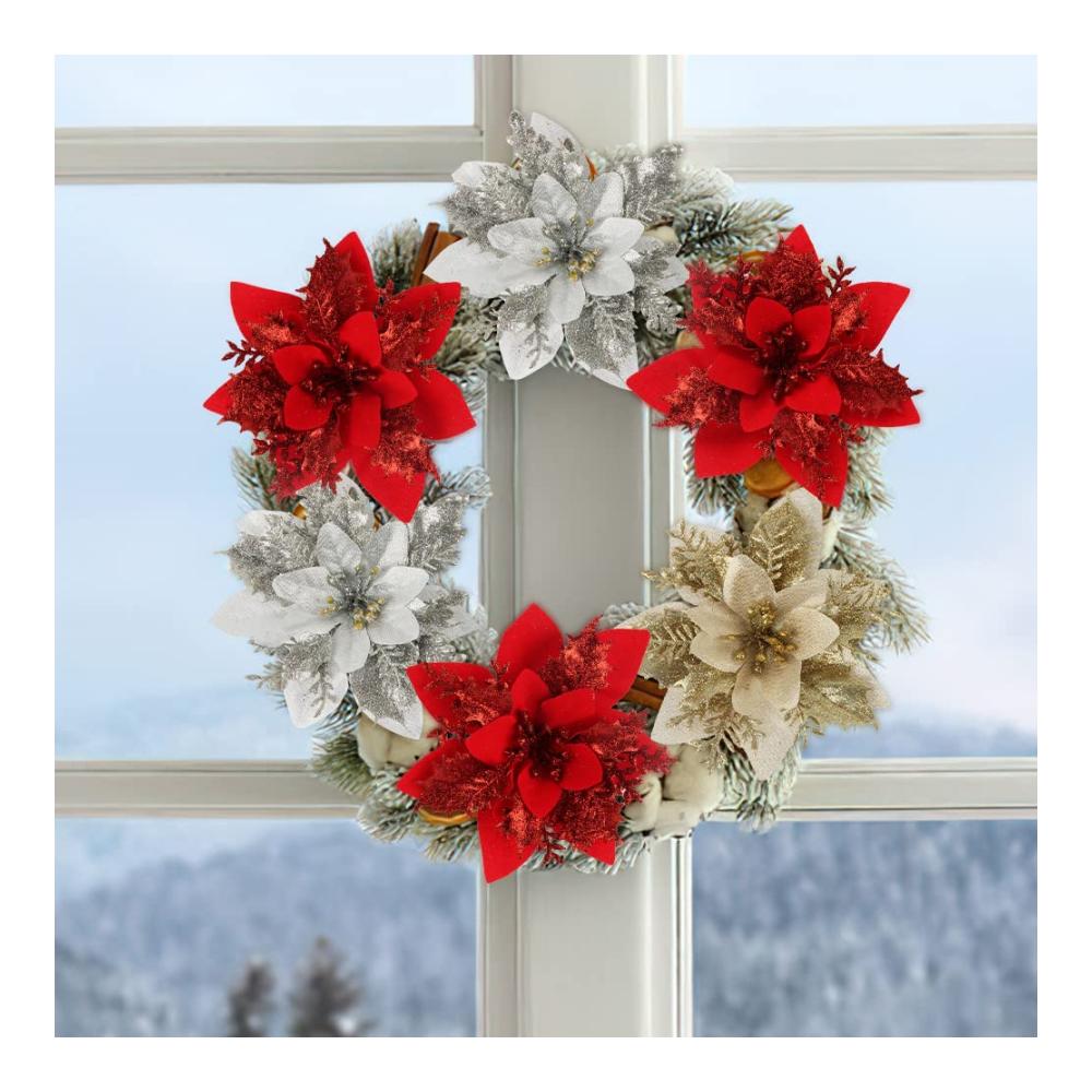 Blütenpracht im Glanz Weihnachtsblumen Set mit 15 Stück 14 * 14CM in Gold Silber & Rot - Perfekte künstliche Blumen für Weihnachten Hochzeiten Garten & Partydekorationen