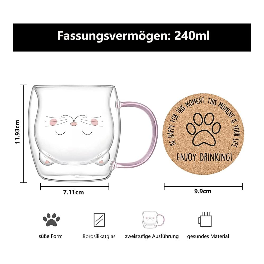 Exquisite Doppelwandige Kaffee- & Teegläser Set – Stilvolle Thermogläser mit Henkel & Untersetzer für Genussmomente – Perfekte Geschenkidee für Frauen & Kinder zu Geburtstag Weihnachten & Valentinstag