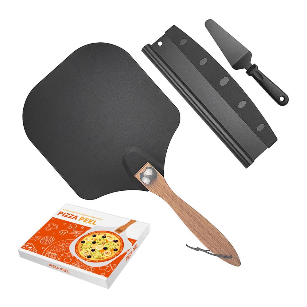 Premium Pizzastein-Set mit Extra Großem Aluminium Pizzaschieber (35.7x30.5cm) Einklappbarem Holzgriff & Pizzamesser - Ideale Pizzaschaufel für Grill & Ofen Perfekt für Große Pizzas