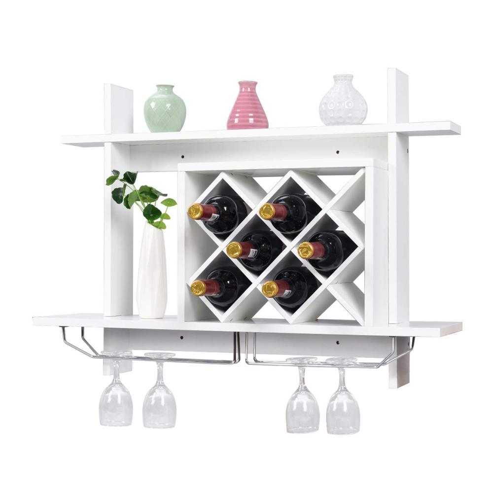 Entdecken Sie Eleganz Weinregal Holz Flaschenregal mit Weinglashalter - Stilvoller Weinständer für 6 Weinflaschen - Schweberegal für Esszimmer Küche Wohnzimmer & Kaffeestube - Platzsparendes Hängeregal zur Wandmontage in Weiß. Organisieren Sie Ihren Wein stilvoll