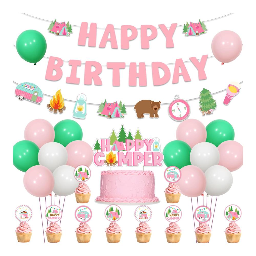 Luftballons Set für Mädchen Geburtstag | Rosa Camper-Thema | Banner Girlande & Kuchenaufsätze inklusive | Camping-Motto Safari Dekorationen für den ultimativen Geburtstagss