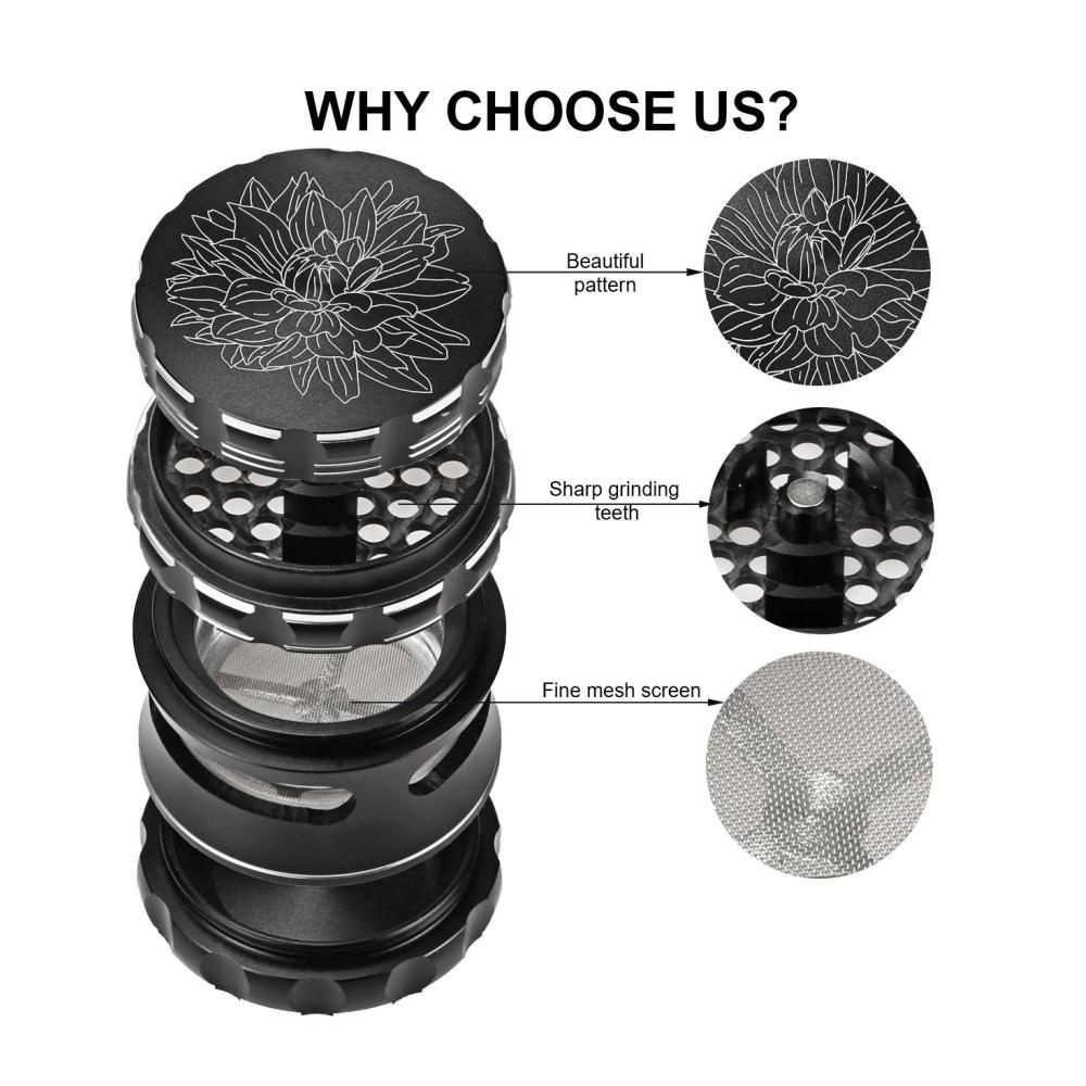 Entdecken Sie den Geschmack der Frische! DCOU Premium Aluminium Pfeffermühle 63mm 4-teilig mit Pollenfänger und kunstvoller Blumenschnitzerei in elegantem Schwarz. Genießen Sie perfekt gemahlenen Pfeffer für jede Mahlzeit. Robust stilvoll und funktional – Ihre Küche verdient das Beste