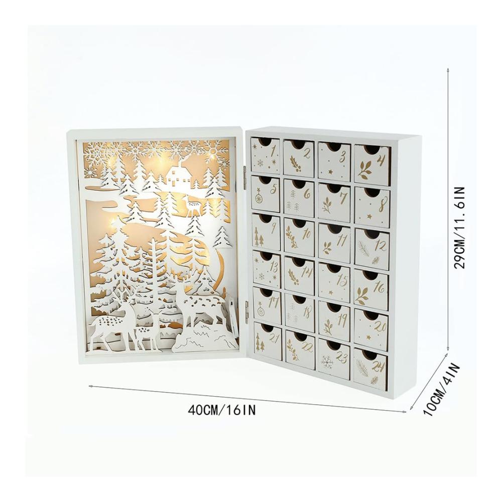Erleuchten Sie die Weihnachtszeit Dekorativer Holz-Adventskalender 2024 mit LED-Lichtern und 24 Schubladen für Kinder. DIY-Weihnachtszauber
