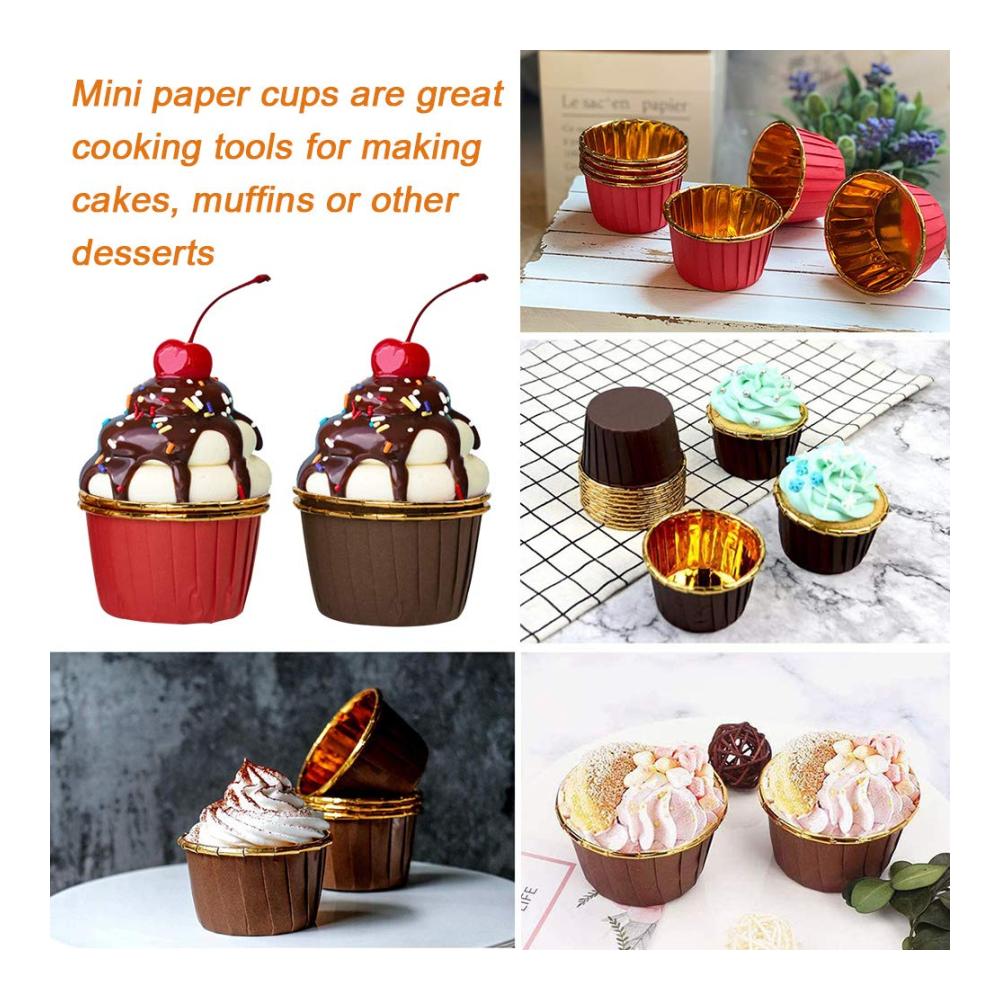 Premium Einweg-Backbecher Set 100 Stück Mini Muffins Papierförmchen aus Aluminium-Folien für perfekte Cupcakes - Ideale Cupcake Formen für Geburtstage Hochzeiten & Partys - Braun/Rot 4x7x5 cm