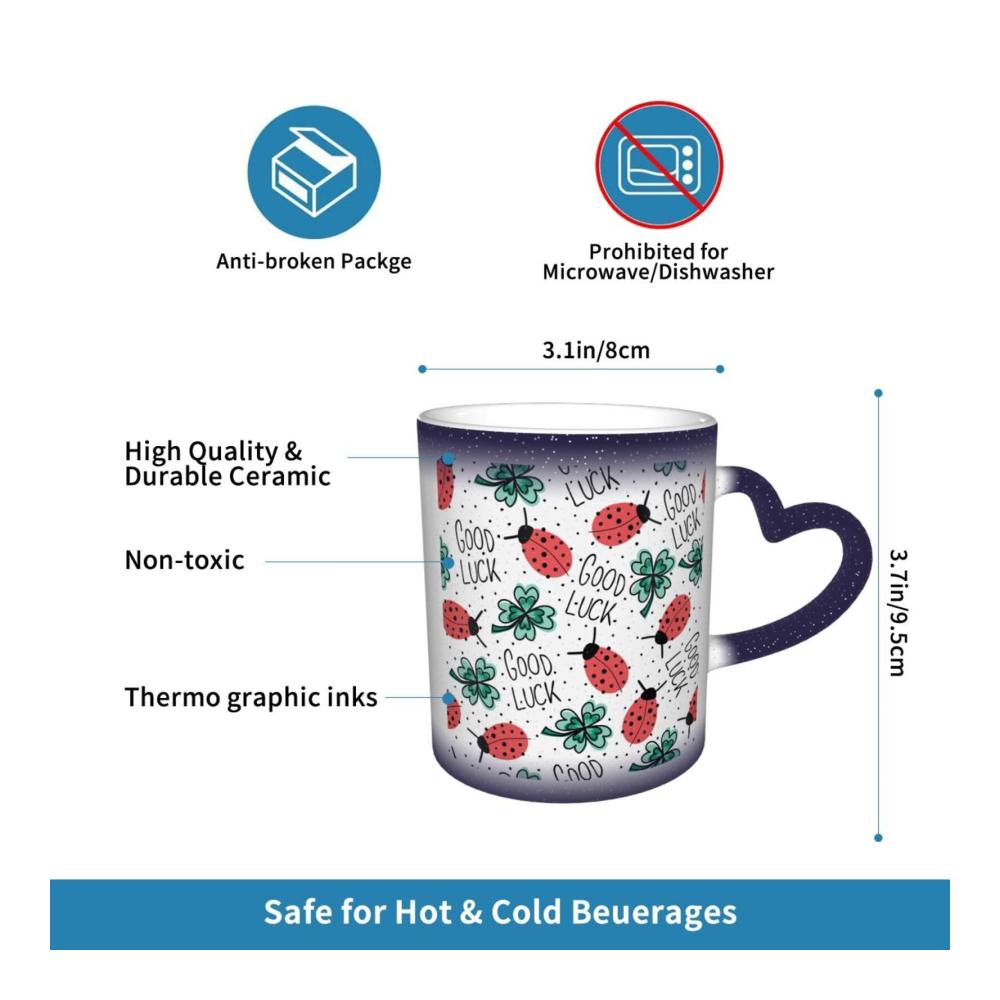 Entdecke den Zauber Farbwechsel-Tasse aus Keramik - Kaffeetassen & Becher mit Glücksmotiven wie Marienkäfer Klee und kreativem Sternenhimmel. Die magische Teetasse eignet sich perfekt als Urlaubs- oder Geburtstagsgeschenk für Männer und Frauen. Verblüffe deine Sinne mit diesem blauen Meisterwerk