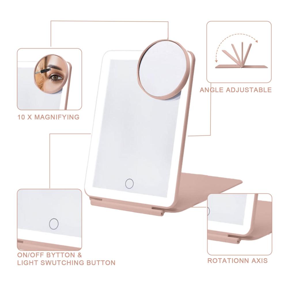 Entdecken Sie den Luxus Wiederaufladbarer LED-Tischspiegel für unterwegs - Kompakt schlank & mit Touchscreen - 10-fache Vergrößerung - Faltbarer Make-up-Spiegel für Schönheit