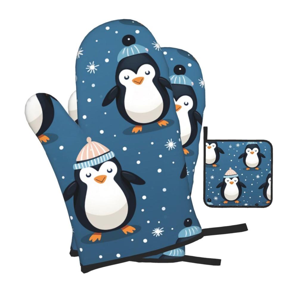 Kuschelige Ofenhandschuhe mit niedlichem Pinguin & Schneeflocken Design | Wasserdichtes Set mit 3 Handschuhen für Backen Grillen & Mikrowelle | Hitzebeständige Küchenhandschuhe für maximalen Schutz