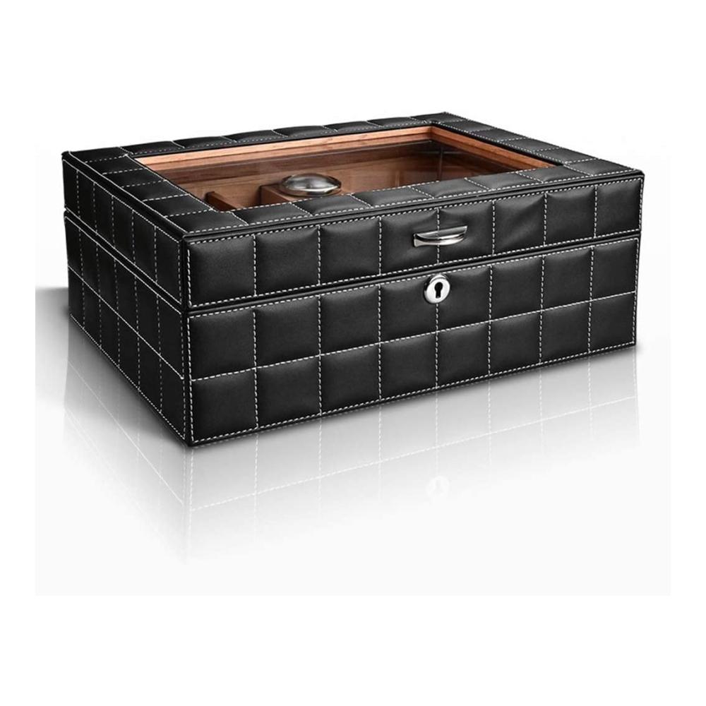 Premium Zigarren Humidor Kiste – Feuchtigkeitsspendendes Etui mit Lederumwicklung Doppelter Trennwand & Hygrometer – Platz für 50 Zigarren – Stilvoll in Braun Grau & Schwarz – 32.4x24.4x12.2