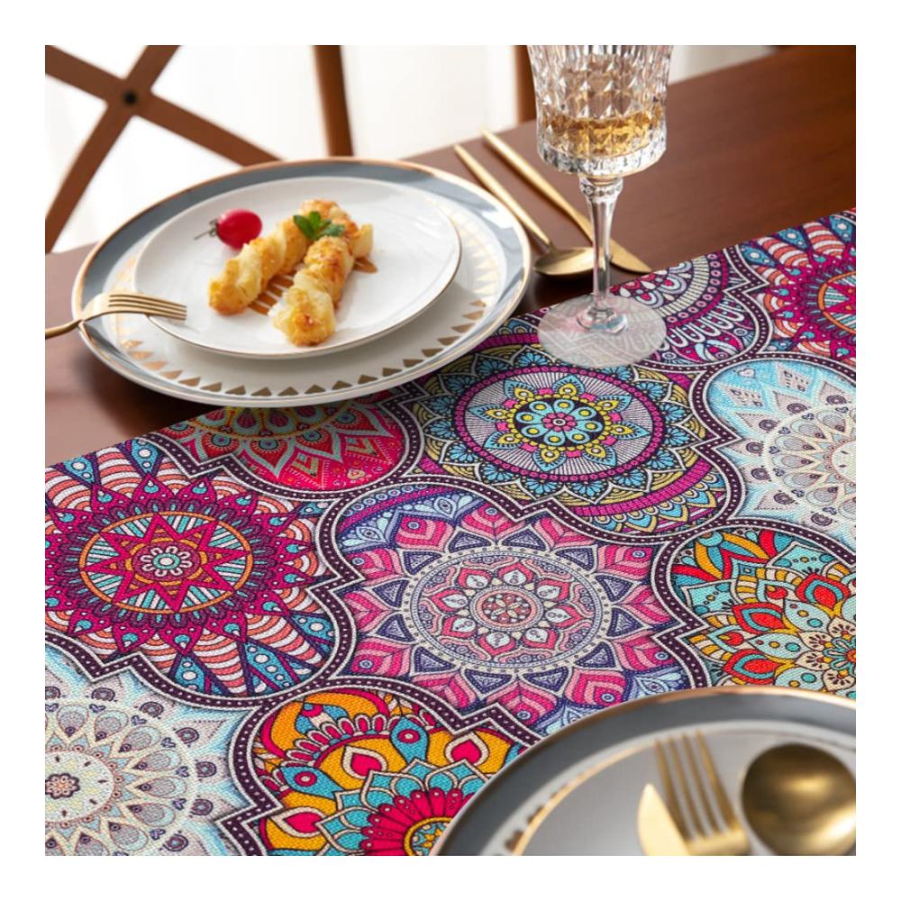 Boho Chic Exklusiver Leinen Tischläufer in Vintage-Optik - Bunter Hingucker für Tischdeko bei Hochzeit Party & Bankett - Marokkanisches Mandala Design - Ideales Geschenk für stilvolles Wohnambiente 33 x 183cm