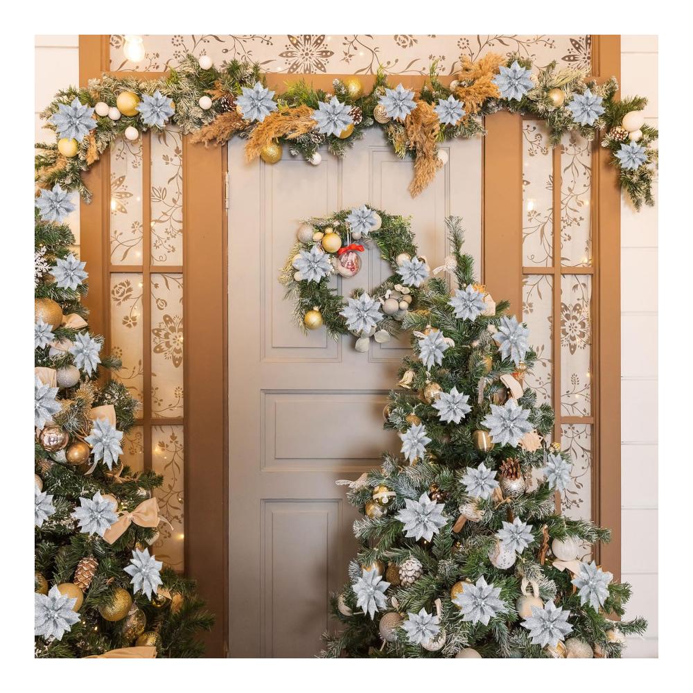 36 Stück Weihnachten Glitzer Weihnachtsstern Blumen Magnolie - Künstliche Silber Blumen Ornamente mit Clips für Weihnachtsbaum & Kranzdekoration - Festlicher Schmuck für die Feiertage