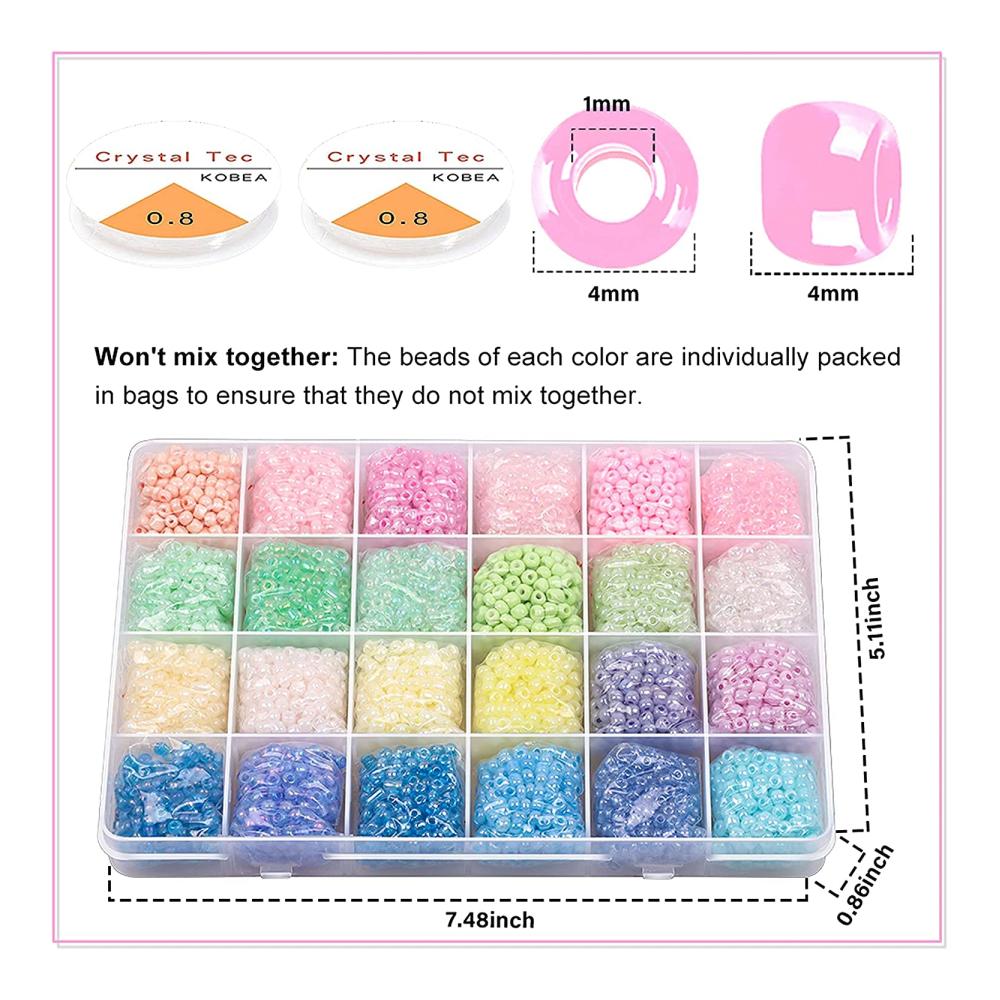 3360 Stück Mini Glasperlen 4mm kleine Rocailles Perlen Bastelperlen Set mit elastischer Schnur – Ideales Perlenweben-Zubehör für DIY Armbänder Halsketten und Schmuckherstellung