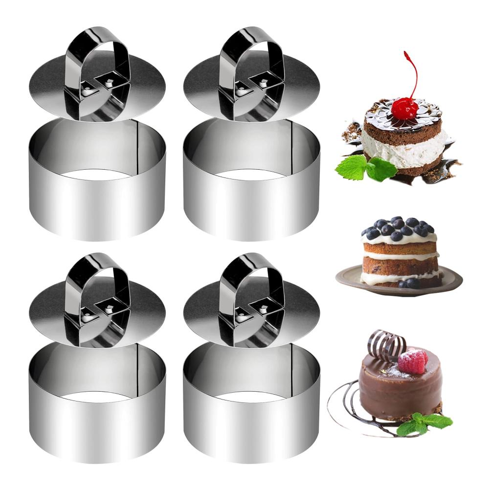 Premium Edelstahl Kuchenringe & -rahmen Set - 4 Dessertringe mit Lebensmittelpressen - Kochringe für perfekte Kreationen - Inklusive Rezeptbuch