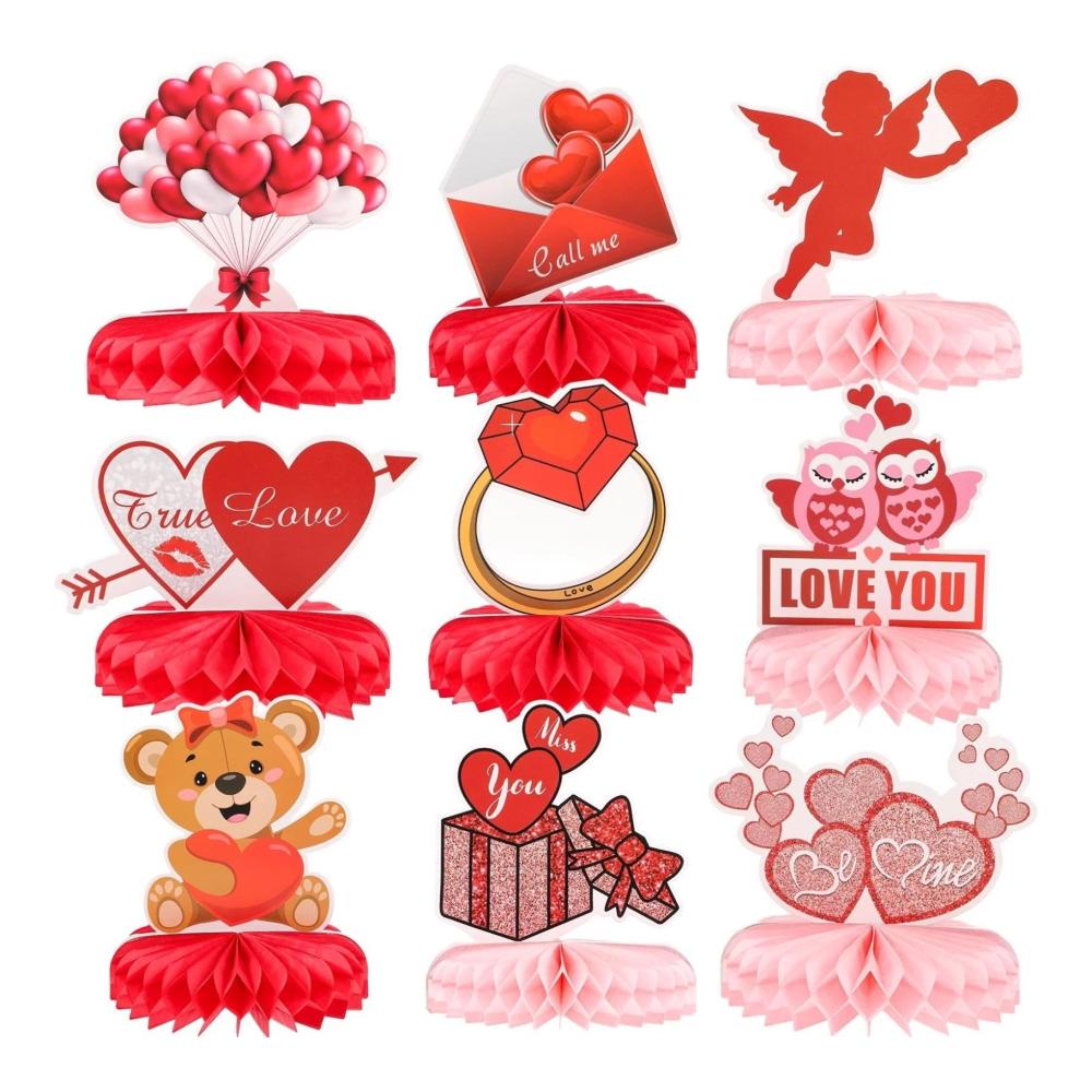 Konfetti-Zauber 9-teiliges Valentinstags-Dekor-Set - Herz-Tischaufsatz für Hochzeit Jubiläum & Party - Wabenornamente im Cartoon-Stil für ein festliches Wabenhaus. Verleihen Sie Ihrem Anlass Glanz mit diesen einzigartigen Konfetti-Dekorationen