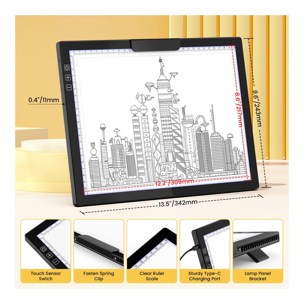 Wiederaufladbare Leuchtkästen Kabelloser A4 Leuchttisch mit LED-Licht Akku und Ständer – Ideal für Diamond Painting und Tracing – 6 Helligkeitsstufen Clip perfekt für Kinder (Schwarz