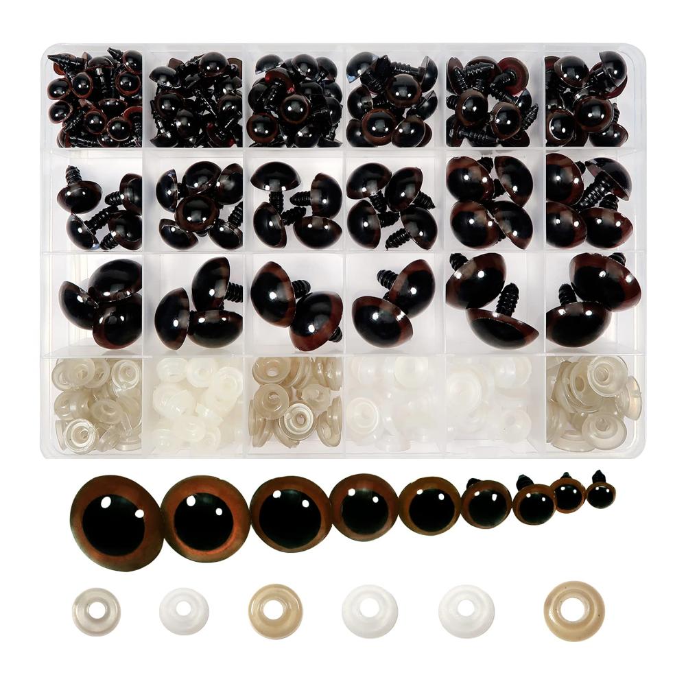 Augen-Set für Puppenherstellung 150 Stück braune Kunststoffaugen (8-24mm) mit Unterlegscheiben - Perfekt zum Häkeln Stricken & Basteln von Tierfiguren