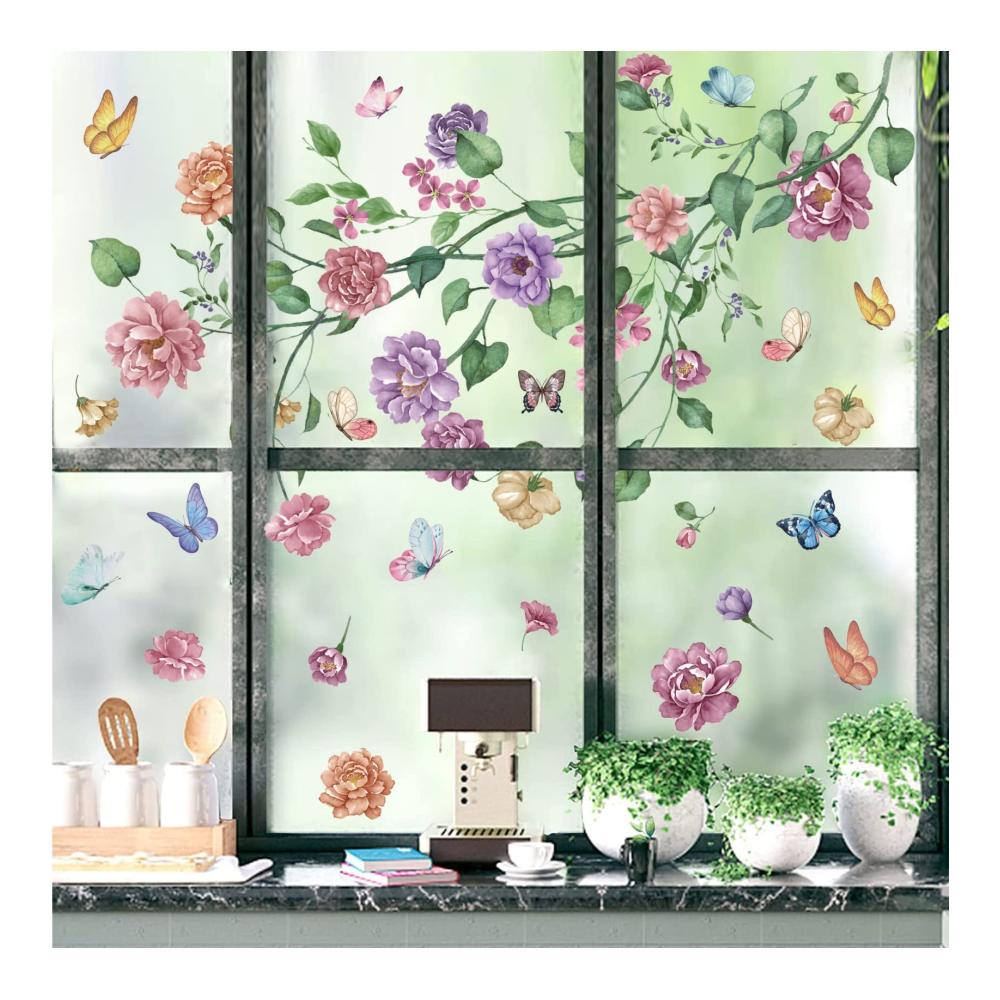 Frühlingszauber Fensterbilder & Aufkleber - Blumen Schmetterlinge - Fensterdeko & Wandaufkleber für Schlafzimmer & Mädchenzimmer - Dekorative Sticker Set