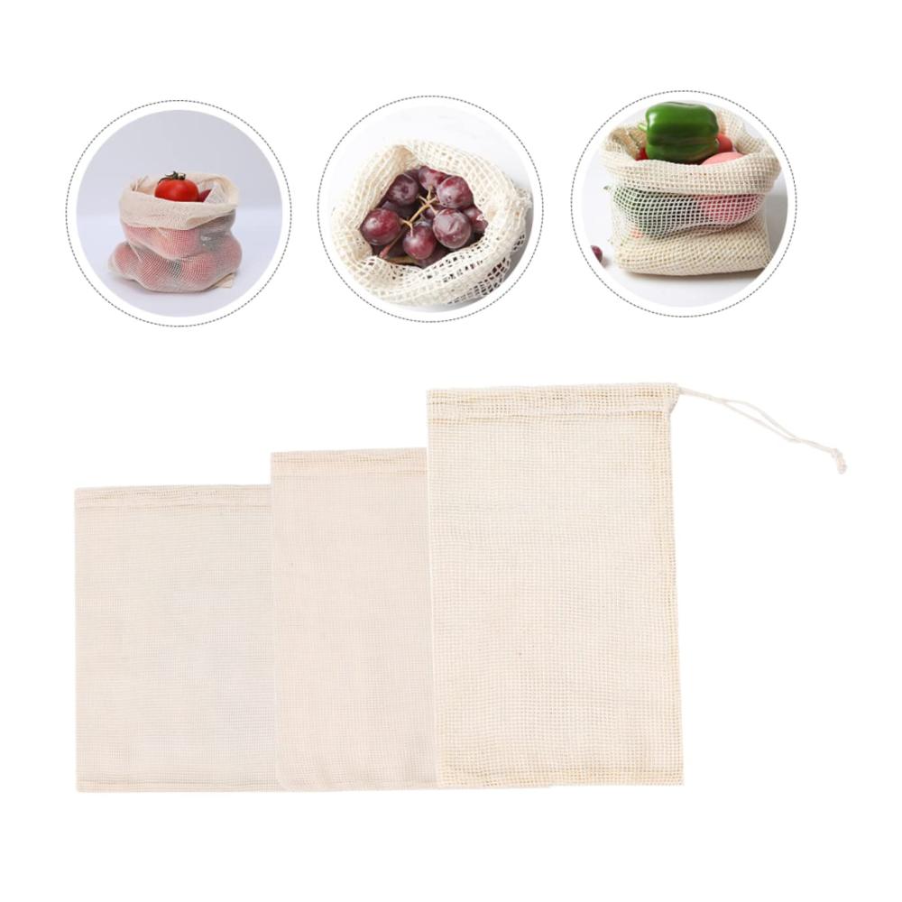 Entdecken Sie die Nachhaltigkeit 3er Set Wiederverwendbare Baumwollnetz Taschen mit Kordelzug - Umweltfreundliche Einkaufstaschen für Markt und Haushalt - Ideale Netztaschen für Gemüse und stilvolles Wohnen
