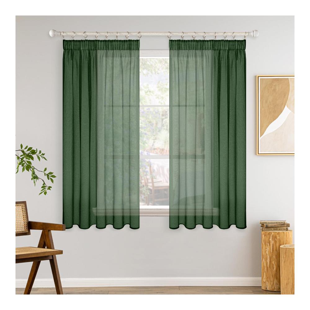 2er Set Gardinenschals Dunkelgrün 140x145 cm | Sheer Voile Vorhänge für Wohnzimmer und Schlafzimmer | Transparente Gardinen mit Kräuselband und Ösen | Stilvolle Fensterdekoration