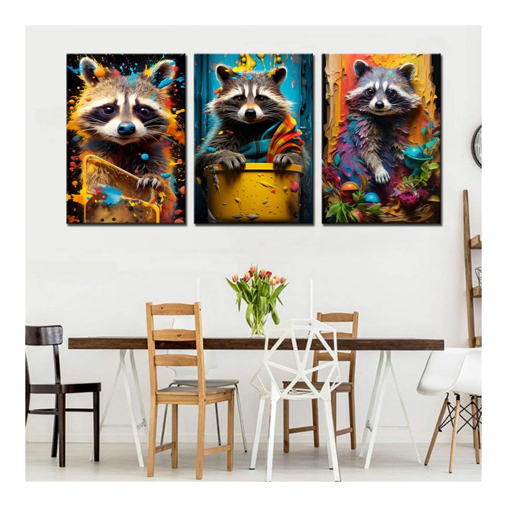 Erweitere deine Wandgestaltung mit unserer hochwertigen Leinwand auf Rolle! Waschbär-Leinwandkunst im kreativen Aquarell-Stil - 3-teiliges Graffiti-Tierbild für moderne Wanddekoration. Einzigartiges Geschenk Lustige Poster und Kunstwerke für Zuhause gespannt und bereit zum