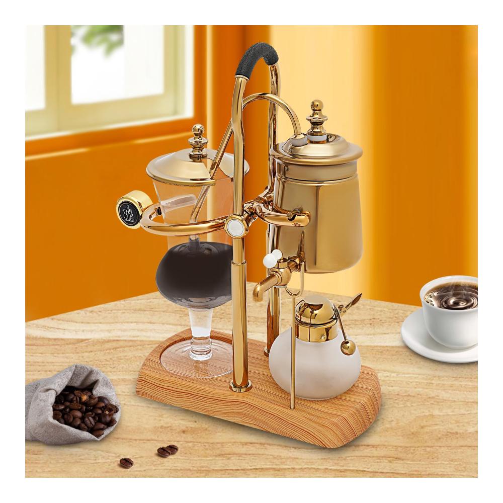 Edle Belgische Belgien Royal Family Balance Siphon Kaffeemaschine | Filterkaffeemaschinen | Eleganter Doppelt Geriffelter Fulcrum mit T-Griff | Goldfarben | Perfekte Kaffeekreationen