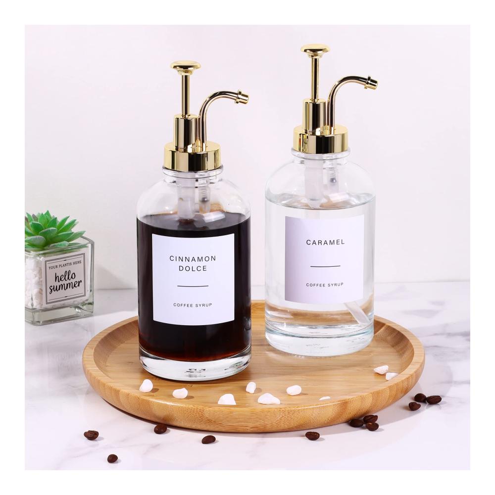 Praktischer Ausgießer für Flaschen Set - Perfekt für Kaffee Sirup Essig und Ölflaschen - Edler Ölspender und Olivenölflasche für die Kaffeebar oder Hausbar - Inklusive 27 Etiketten - 500 ml - 2 Sets