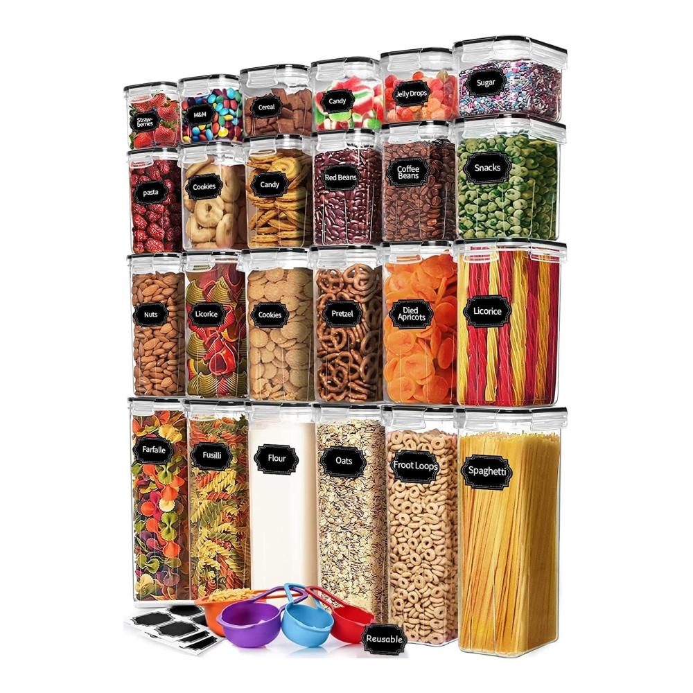 Organisieren Sie Ihre Küche mit KAHEIGN 24Pcs Vorratsdosen-Set Luftdichte BPA-freie Frischhaltedosen in 4 Größen. Durchsichtige Kunststoff-Aufbewahrungsboxen für Mehl Müsli und mehr. Cleveres Vorratsbehältersystem für eine ordentliche und frische Küche
