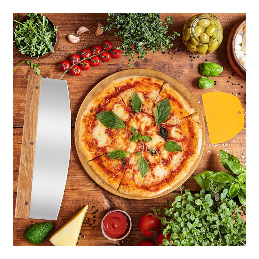 Profi Pizzaschneider Set mit Holzgriff | 32 cm Pizzamesser & Teigschaber | Edelstahl Zubehör für perfekte Pizzaschnitte | Inklusive scharfem Wiegemesser für müheloses Schneiden von Teig und Crêpes