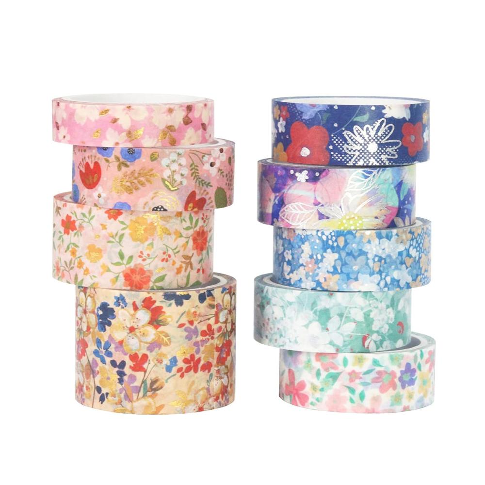 Entdecken Sie kreative Vielfalt! 9 Rollen Floral Washi Tape Set - Bunte Blumenmuster mit Goldfoliendruck 10/15/20/30 mm breit. Perfektes Klebeband für Scrapbooking Bullet Journaling und Geschenkverpackung (4m pro Rolle). Dekorieren Sie mit Stil