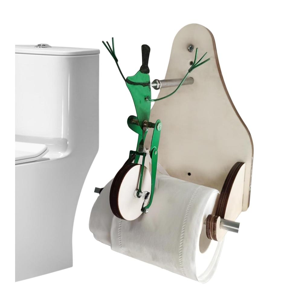 Entzückender Frosch-Rollenhalter aus Holz Einzigartige WC-Papierhalterung für eine lustige Badezimmergestaltung. Frosch auf Einrad und Fahrrad. Fröhliche Akzente