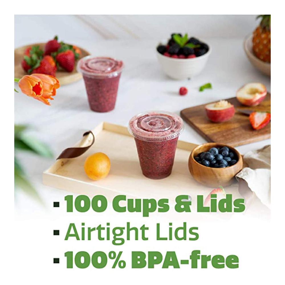 Hochwertige Smoothie-Becher 100 Stück | 450ML Transparent mit Domdeckel & Rundloch | Ideal für Limonade Eiskaffee Cocktails & mehr | Praktisch für Zuhause und Unterweg