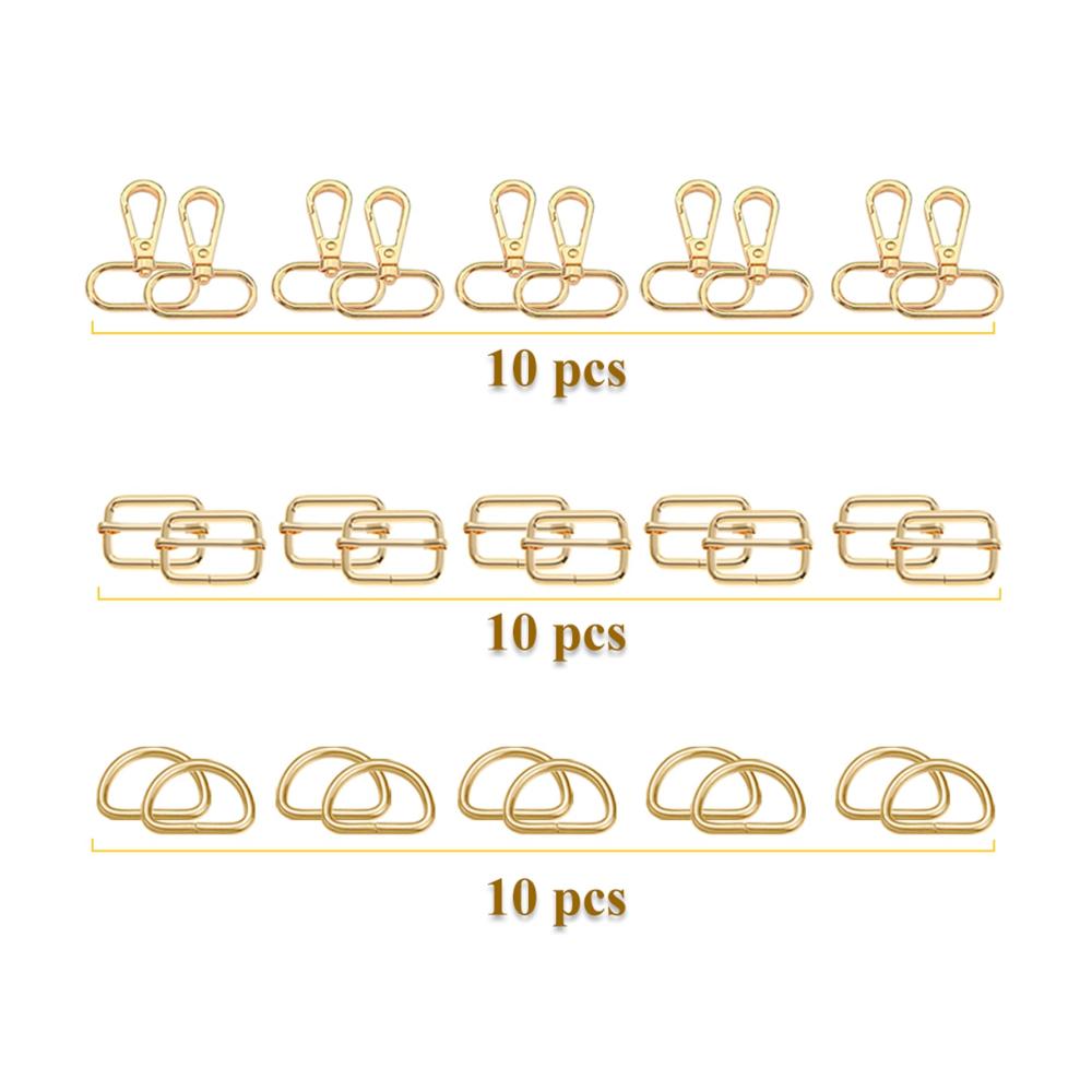 30er Set Gold D-Ring Karabinerhaken für DIY Taschen - Metall Triglide Gurtversteller und mehr - Praktisches Zubehör für Gürtelschnallen & Taschenprojekte