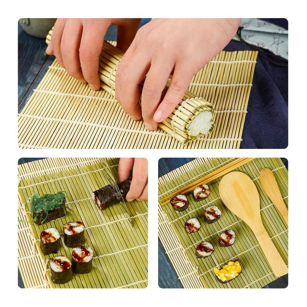 Sushiteller Deluxe Set - 13-teiliges Kit mit Bambus Sushi Matte Karbonisierter Rollmatte Vorhang Maker für Anfänger 2 Rollmatten 10 Paar Essstäbchen Reisstreuer Paddel - Alles was Sie für perfektes hausgemachtes Sushi benötigen