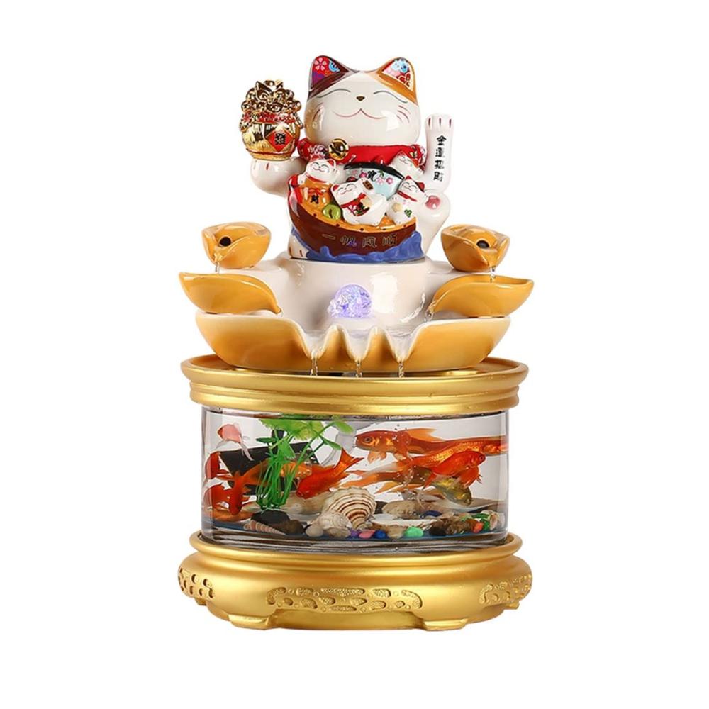 Tischspringbrunnen Moderner Tischbrunnen mit Wasserglas und Aquarium für Büro und Schreibtisch – Glückliche Katze und dekorative Ornamente
