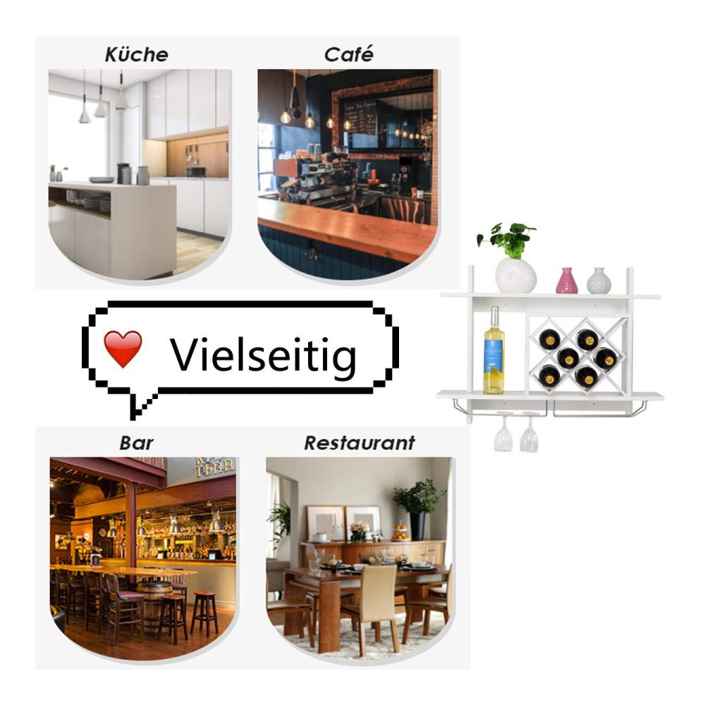 Entdecken Sie Eleganz Weinregal Holz Flaschenregal mit Weinglashalter - Stilvoller Weinständer für 6 Weinflaschen - Schweberegal für Esszimmer Küche Wohnzimmer & Kaffeestube - Platzsparendes Hängeregal zur Wandmontage in Weiß. Organisieren Sie Ihren Wein stilvoll