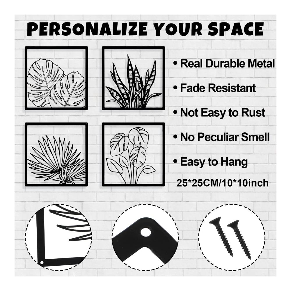 Entdecken Sie Eleganz Exklusive 4-teilige Metall Wandskulpturen - Tropische Palmenblätter im quadratischen Hohl-Design 10 x 10 Zoll mit stilvollem Rahmen für Wohnzimmer Badezimmer Schlafzimmer und Esszimmer. Verleihen Sie Ihren Wänden einen Hauch von