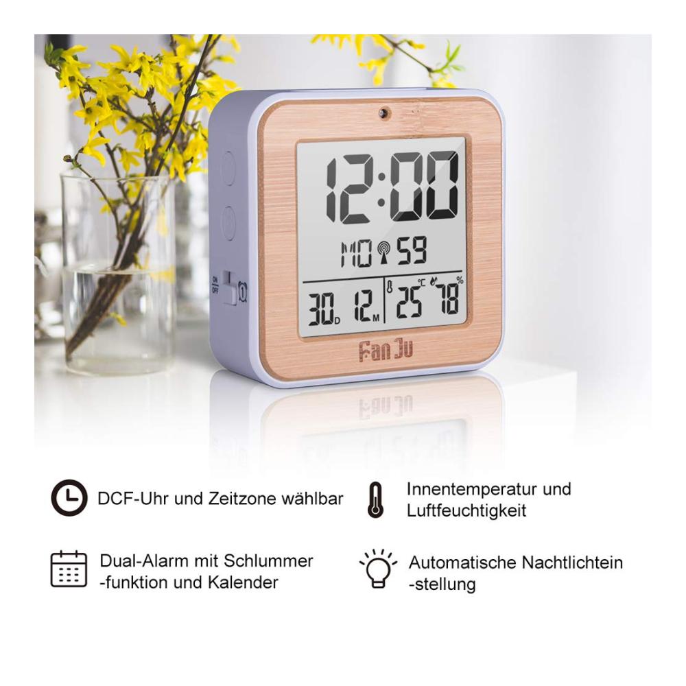 ALLOMN Digitalwecker mit DCF-Funk Temperatur Luftfeuchtigkeit Schlummerfunktion & Hintergrundbeleuchtung - Intelligente Reiseuhr für Tisch & Nachttisch (Holzoptik AA-Batterie