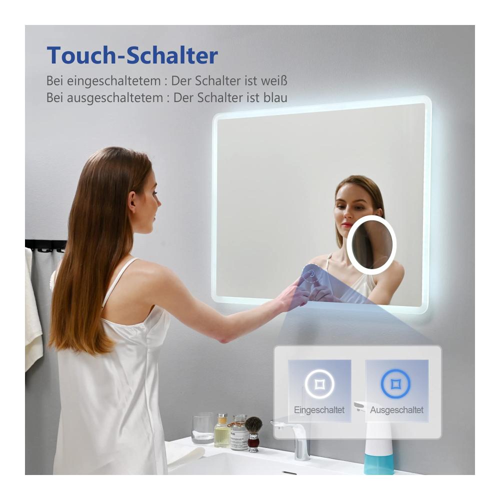 Wandspiegel Badspiegel mit Beleuchtung 100x60cm LED & Vergrößerung | Touch-Schalter Uhr Dimmbar | Badezimmerspiegel Warmweiß/Kaltweiß/Neutral | Moderner Lichtspiegel für stilvolles Ambiente
