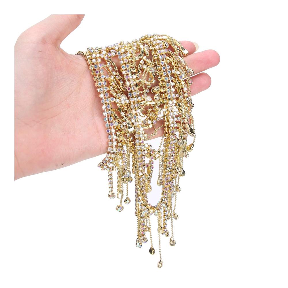 Elegante Strass-Borten mit Beads Hochwertige Fransen-Applikation für Brautkleider Taschen & mehr – Glamouröse Kristall-Dekoration in Goldton
