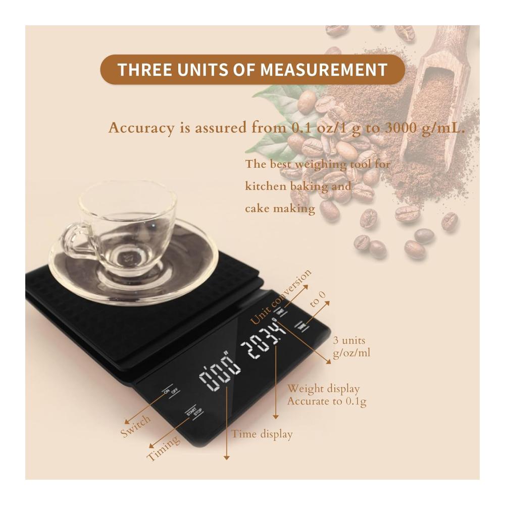Präzise Kaffee-Digitalwaage mit Timer - Elektronische LED-Anzeige Intelligente Lebensmittelwaage für Gramm/Unze/Ml - Digitale Küchenwaage für exaktes Wiegen bis 01 g - Perfekt für köstliche Rezepte