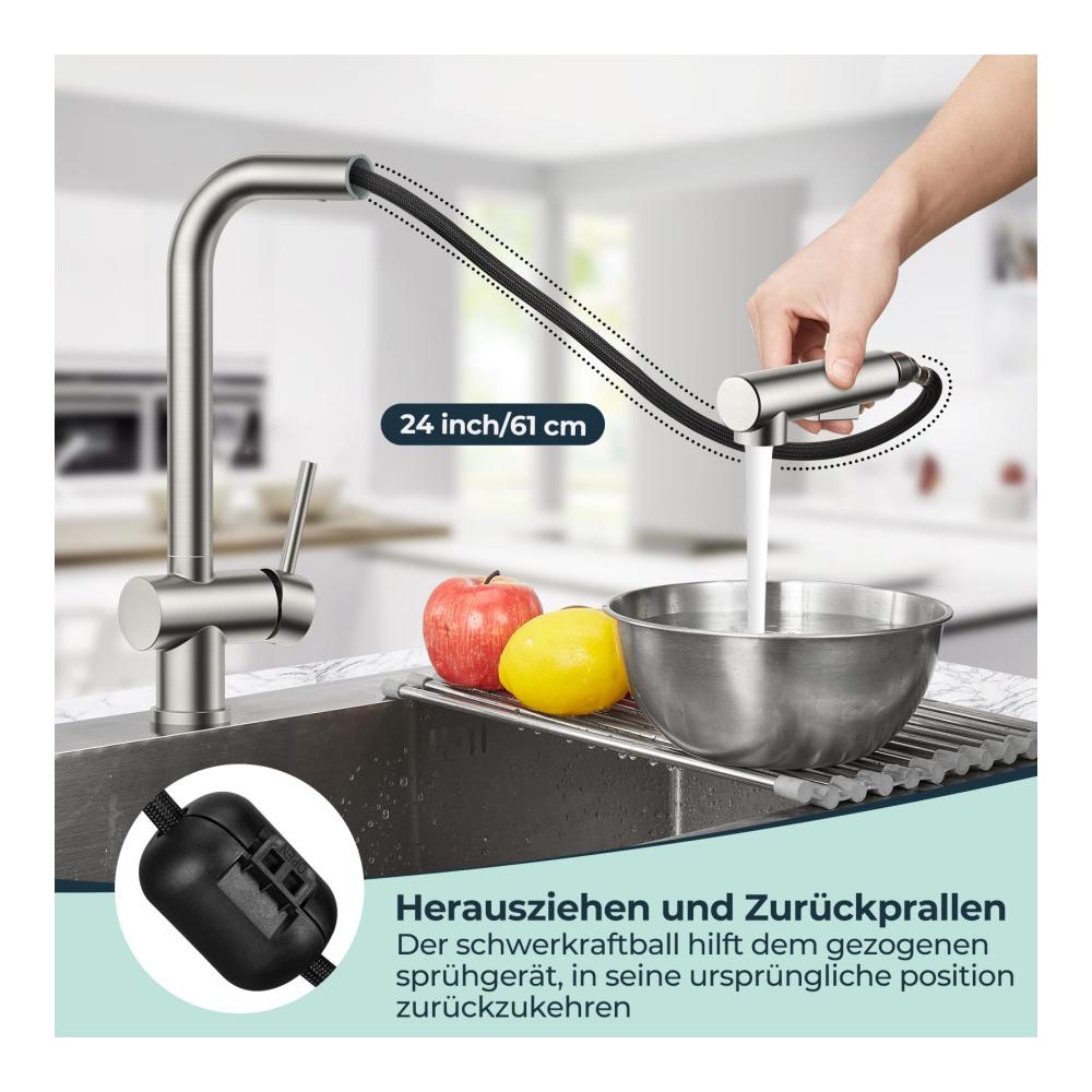 Wasserhahnfilter für Küchenwaschbecken | Edelstahl Armatur mit herausziehbarer Brause | 360° drehbarer Einhandgriff | Sauberes Wasser leicht gemacht