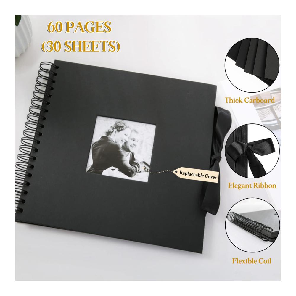 Personalisiertes Fotoalbum zum Selbstgestalten | Großes DIY Scrapbook 31x31cm | Spiralbindung | 60 Seiten | Perfektes Geschenk für Babys Hochzeiten & mehr | Schwarz