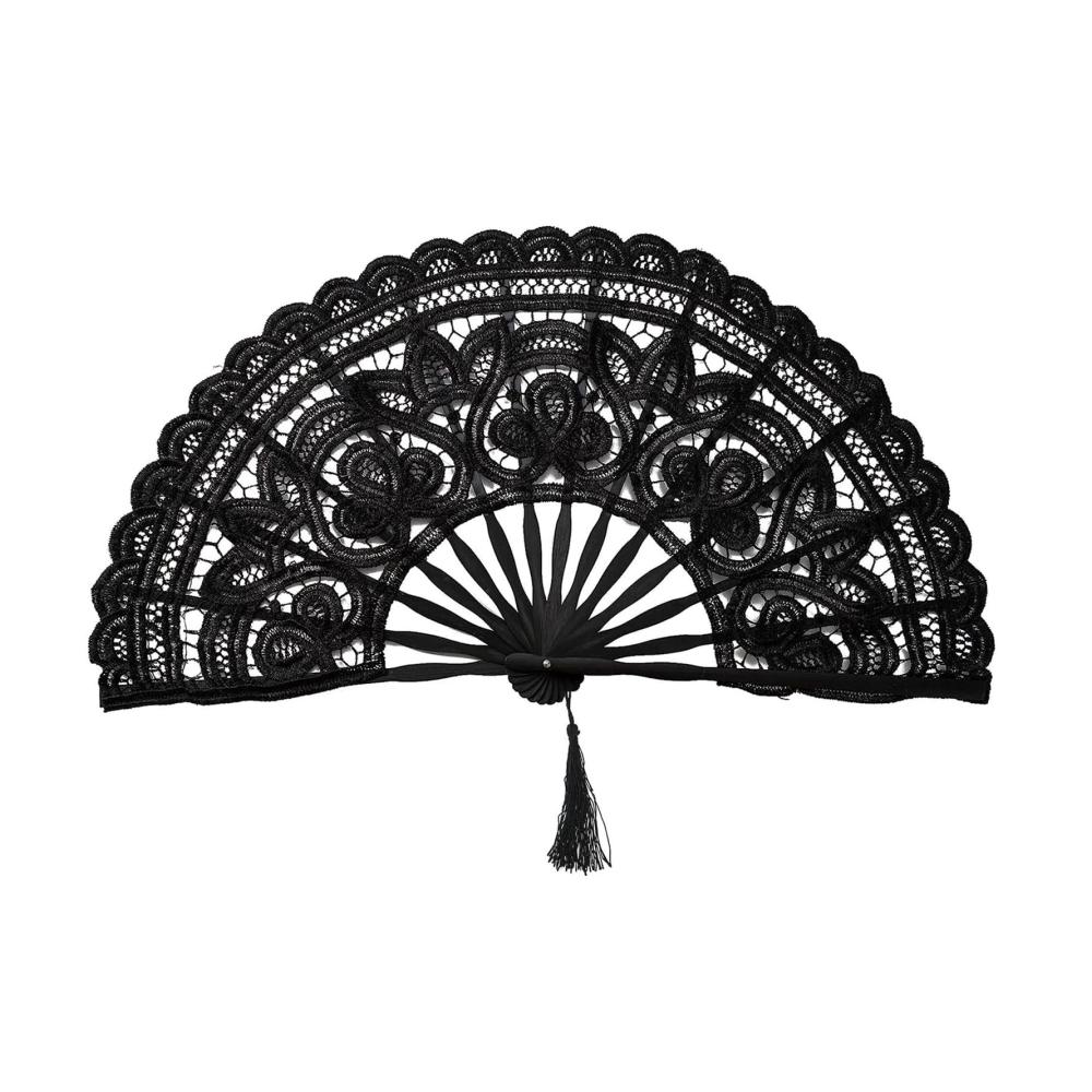 Eleganter Handfächer für Zeremonien Schwarzer Spitzenfächer mit Quasten - Perfekt für Hochzeiten Partys und Tanz - stilvolle Braut- und Herrenaccessoires - Handheld Faltventilator aus Stoff - 27cm