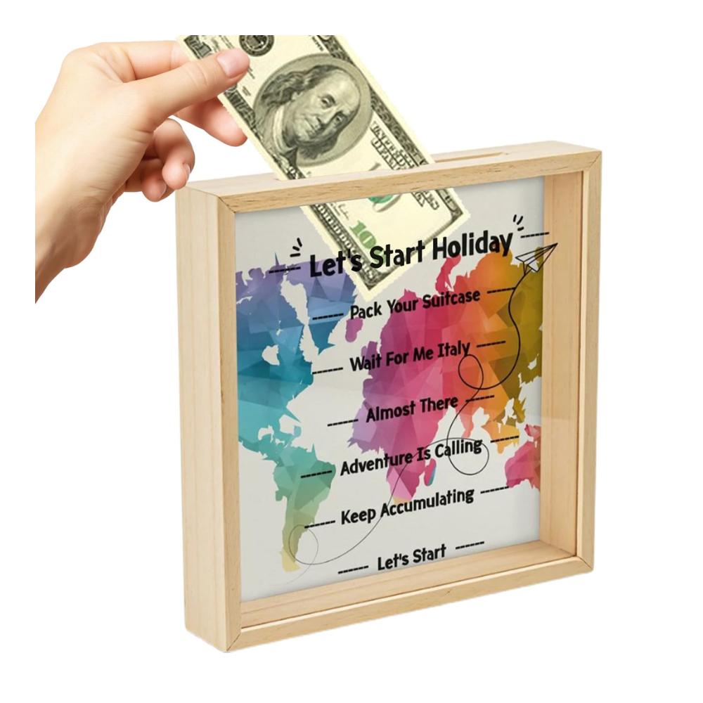 Entdecke die Welt des Sparens Personalisierte Sparbüchse mit Abenteuer-Motiv ideal für Reisekassen und Erinnerungen. 25x25cm