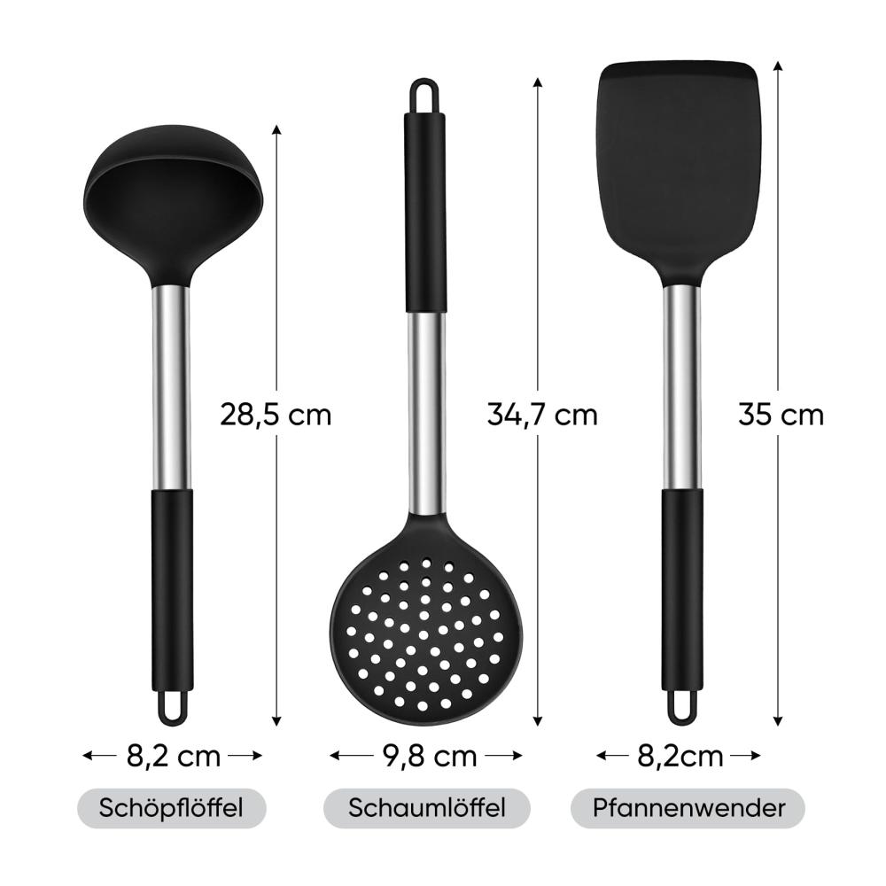 Hochwertiges Küchenhelfer Set 3-teiliges Silikon Pfannenwender Set mit Edelstahlgriff - Hitzebeständig Antihaft & Spülmaschinenfest - Perfekt zum Kochen und Backen