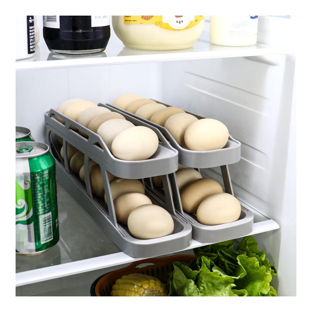 Platzsparender Eierkorb für Kühlschrank | Rollender Eierspender für 12-14 Eier | 2-stöckiger Eierhalter mit automatischem Rollmechanismus | Organisieren Sie Ihren Kühlschrank mit Stil