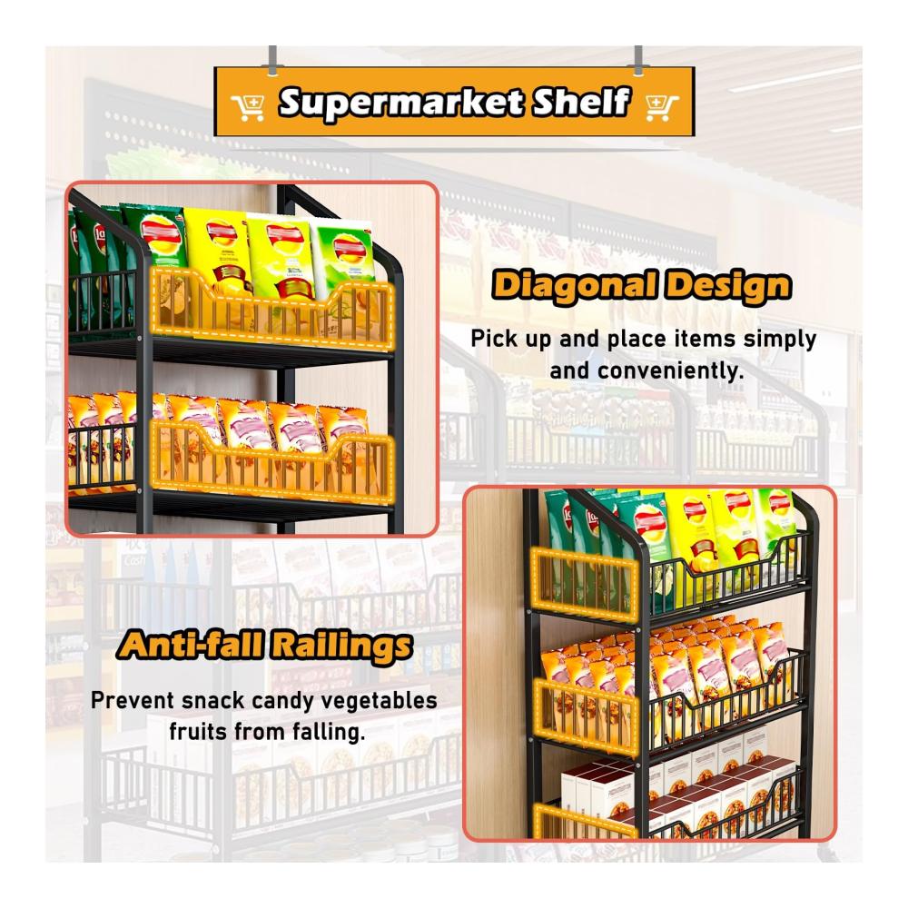 Großes Obst- und Gemüseregal für die Küche | 4 Etagen Snack-Regal mit Geländer für Büro- und Supermarktnutzung | Küchen-Aufbewahrungsz