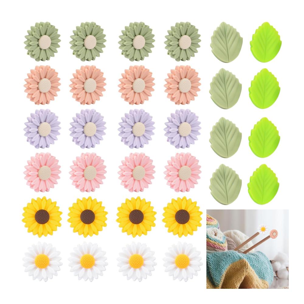 Premium Stricknadeln Set - 32 Stück Zopfnadeln mit Nadelstoppern für Präzisionsstricken | Maschenstopper & Nadelhalter | Inklusive GäNseblümchen & Blatt Design | Perfekt für Kreative Proj